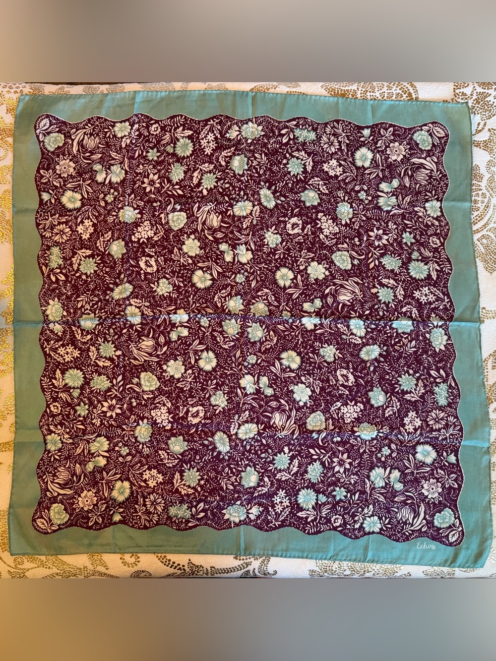 Echo Floral Print Silk Scarf in Plum and Teal